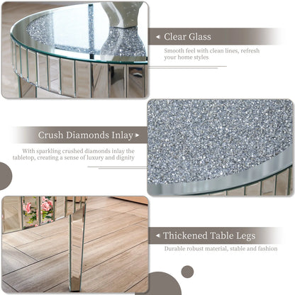 FATIVO Large Round Mirrored Coffee Table Beveled Bling Crushed Diamond End Table