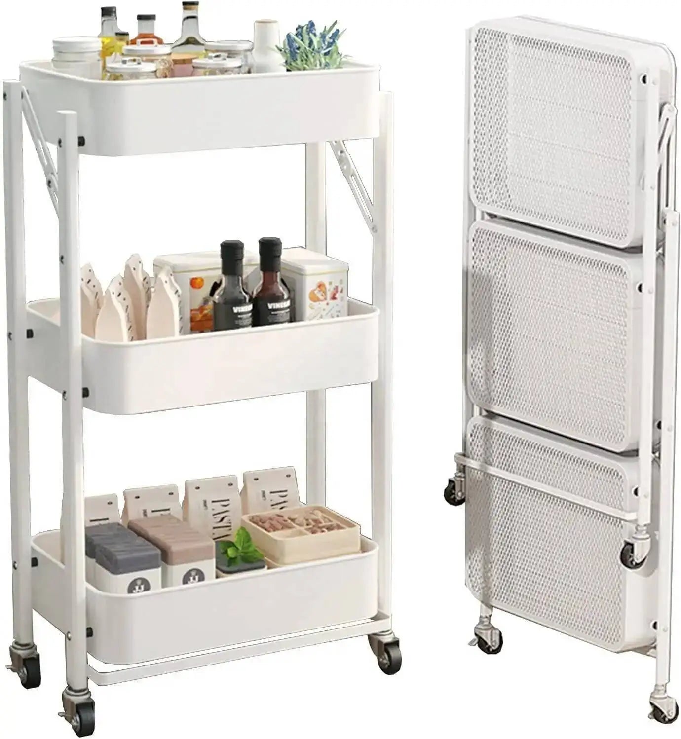 3 Tier Metal Folding Trolley Cart Storage Rack Rolling Shelf Beauty Office Wheel