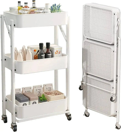3 Tier Metal Folding Trolley Cart Storage Rack Rolling Shelf Beauty Office Wheel