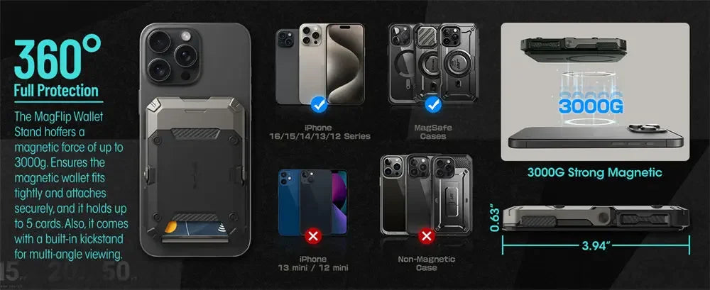 SUPCASE Magnetic Tripod Phone Stand Credit Card Holder for iPhone 16/15/14/13/12 Adjustable Phone Stand Compatible with MagSafe