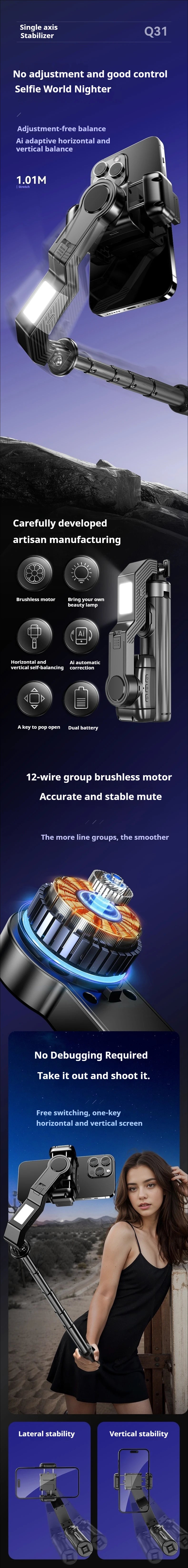 Q31 Single-Axis Stabilizer Selfie Stick Tripod Smart and stable mobile phone holder with Fill Light for Smartphone