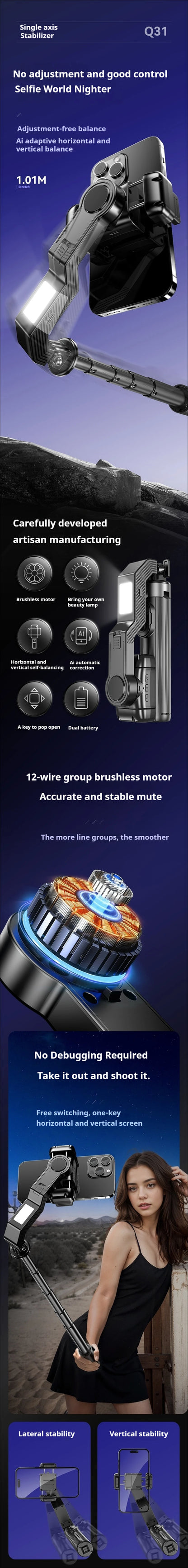 Q31 Single-Axis Stabilizer Selfie Stick Tripod Smart and stable mobile phone holder with Fill Light for Smartphone