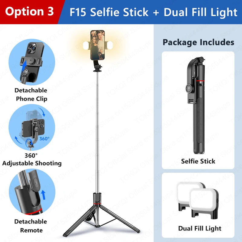 F15 Selfie Stick Tripod Extendable Pole with Wireless Bluetooth Remote Phone Holder for Smartphone Shooting Vlog Video Recording