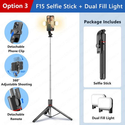F15 Selfie Stick Tripod Extendable Pole with Wireless Bluetooth Remote Phone Holder for Smartphone Shooting Vlog Video Recording
