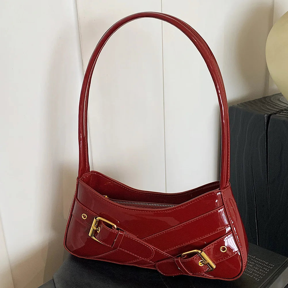 MOJOYCE Small Belt Design Glossy Patent Leather Shoulder Bags Women Luxury Brand Tote Handbag Y2K Underarm Bag with Inner Pocket