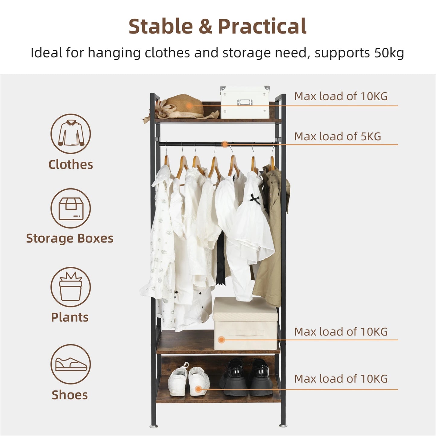 Heavy Duty Garment Rack, Wardrobe Storage Rack, Hall Tree Clothes Rack, Adjustable Shelves, Portable Organizer