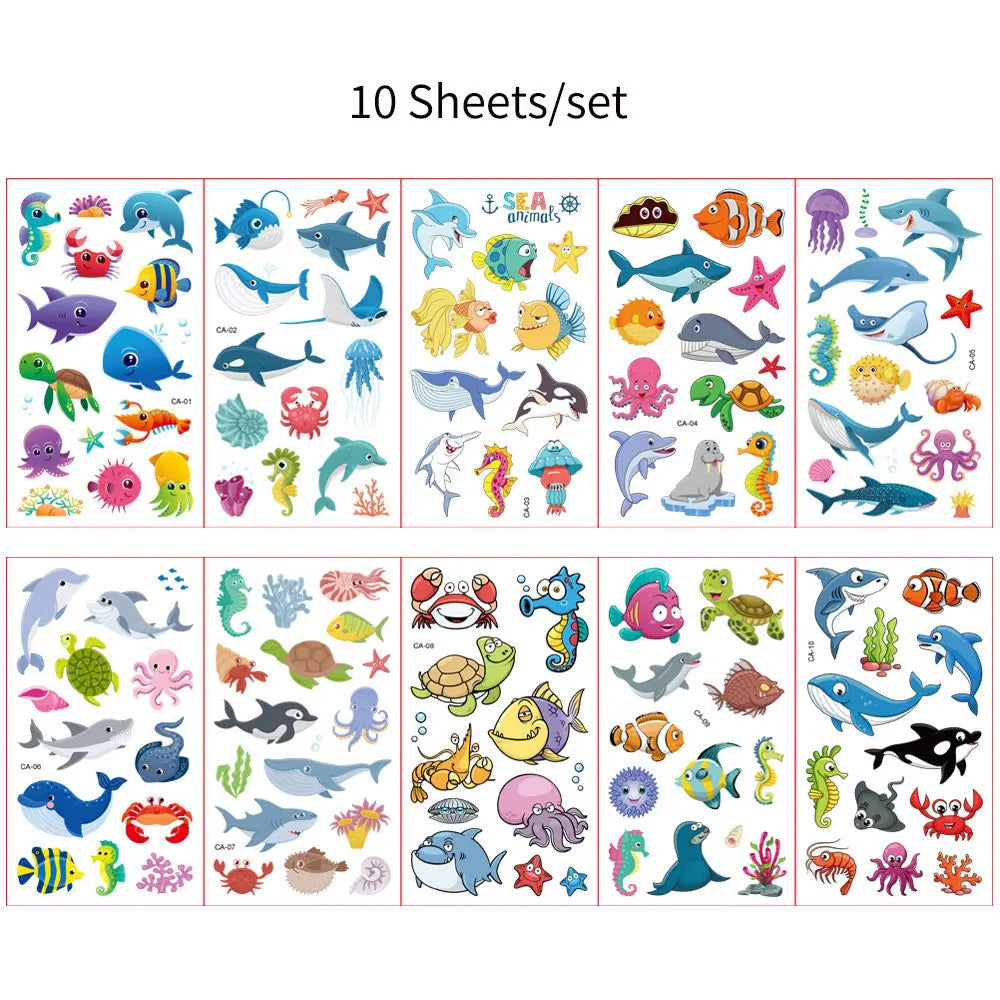 10Pcs Cartoon Temporary Tattoos for Hand Disposable Underwater World Crabs Dolphins Octopus Jellyfish Design Tattoos Sticker