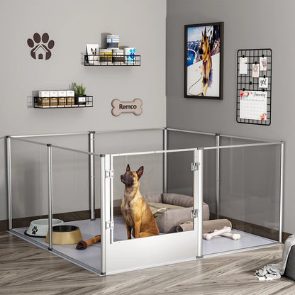 Indoor Dog Playpen Fence, Clear Acrylic Whelping Box, Kennels with Waterproof Pad and Steel Lock, 8 Panels, 52 in