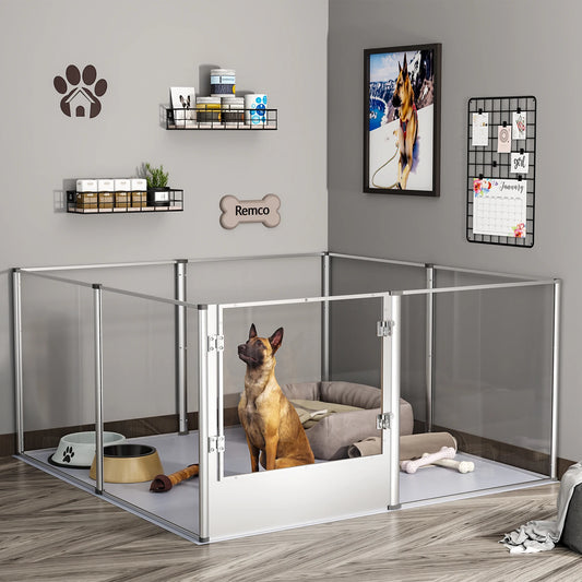 Indoor Dog Playpen Fence, Clear Acrylic Whelping Box, Kennels with Waterproof Pad and Steel Lock, 8 Panels, 52 in