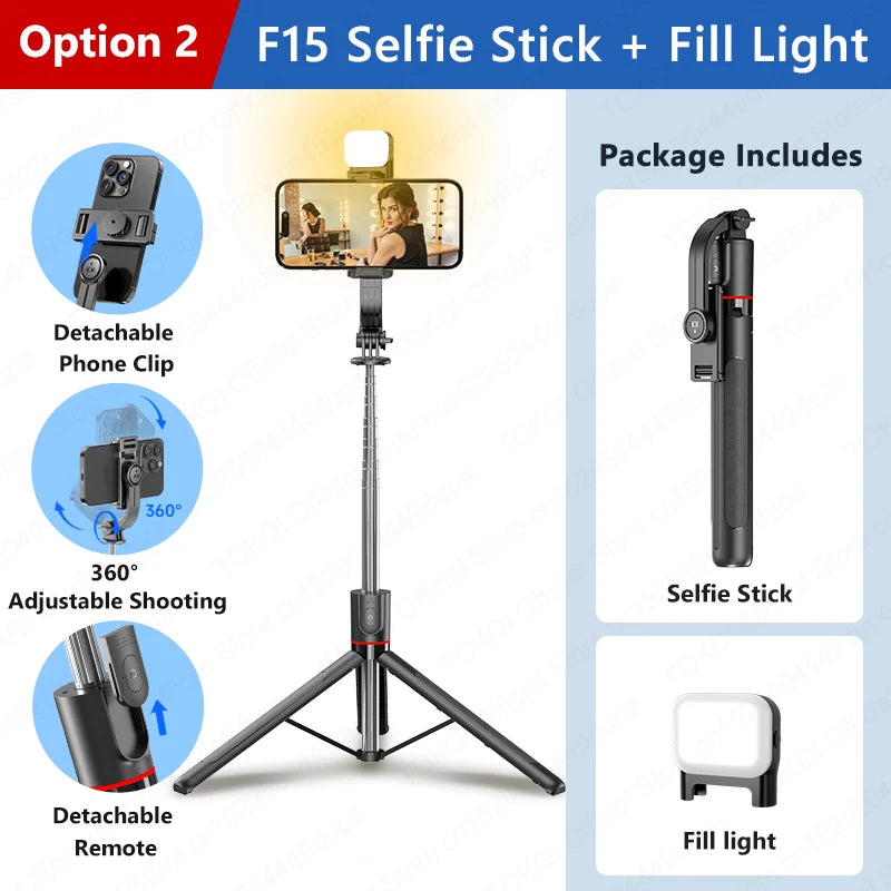 F15 Selfie Stick Tripod Extendable Pole with Wireless Bluetooth Remote Phone Holder for Smartphone Shooting Vlog Video Recording