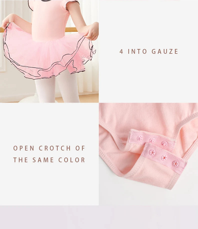 Girls Pink Ballet Leotard with Tutu Short Sleeve Dance Bodysuit for Toddler Girls Cotton Ballerina Wear