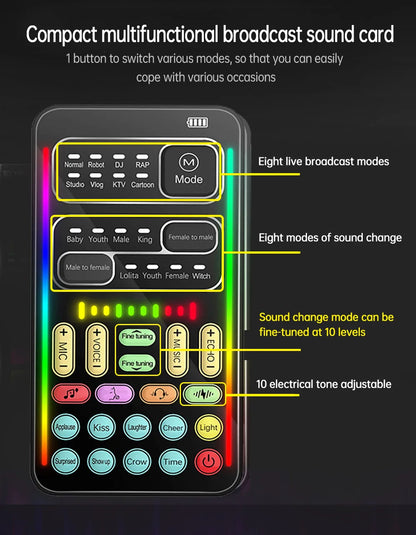 i9 Voice Changer Mini Multiple Audio Effect Bluetooth-Compatible Live Sound Cards Ultra-Thin Portable Live Sound Card Mic Tool