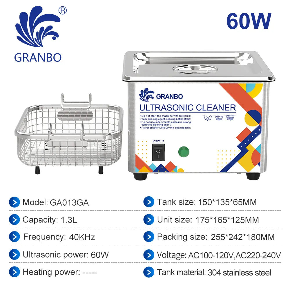 Granbosonic Ultrasonic Cleaner 800ML 1L 40KHz 35W 60W Easy Operation Jewelry Glasses Makeup Washer Bath New Design