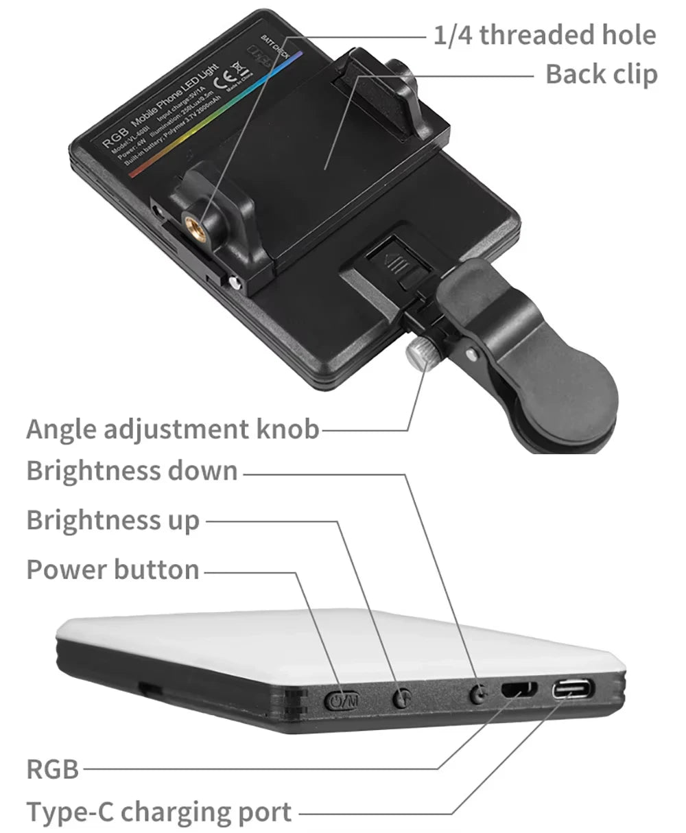 RGB LED Pocket Fill Light Mini Clip-On Rechargeable Video Light for Phone iPad Laptop Vlog Selfie Live Broadcast Photography