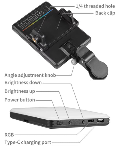 RGB LED Pocket Fill Light Mini Clip-On Rechargeable Video Light for Phone iPad Laptop Vlog Selfie Live Broadcast Photography