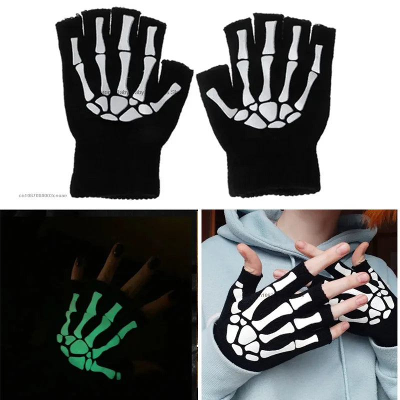 1pair New 5-11T Kids Halloween Skeleton Skull Half Finger Luminous Punk Gloves Winter Skull Fingerless Black Mitten