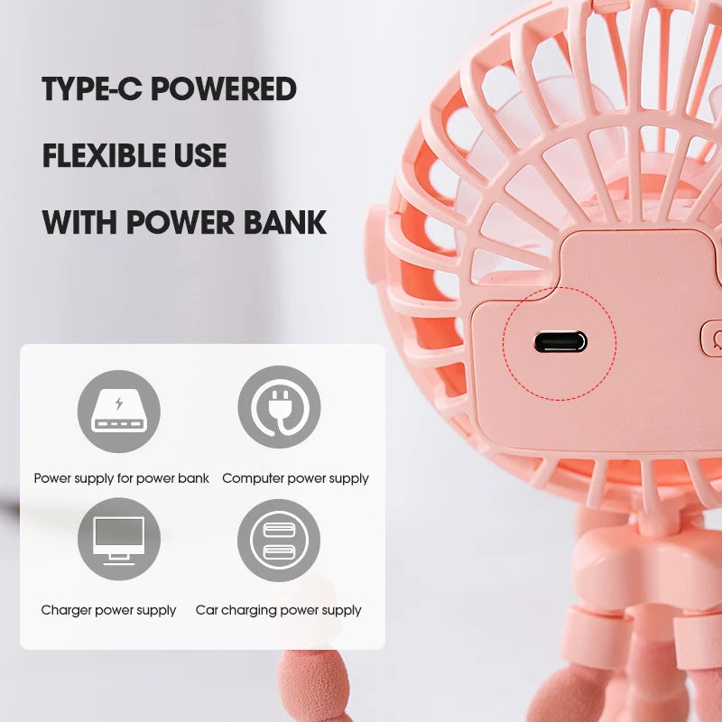 HOMEFISH Portable Baby Stroller Fan Oscillating Clip-on Mini Fan USB Battery Operated with Flexible Tripod for Pram Car Seat