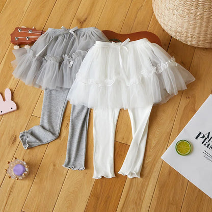 Kids Autumn Leggings Children Cute Thin Style Yarn Skirt Kids Solid Color Bow Skinny Pants
