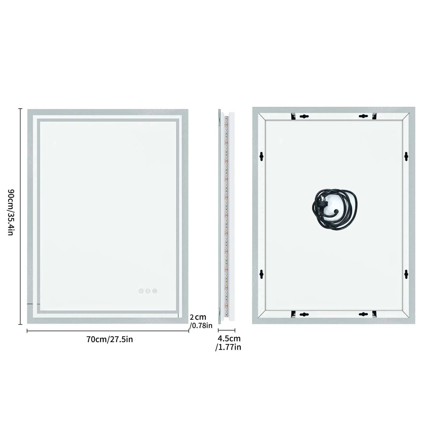 LED Light Bathroom Mirror Illuminated Wall Mounted Vanity Makeup Anti-Fog Rectangle 3 Colors Touch Light