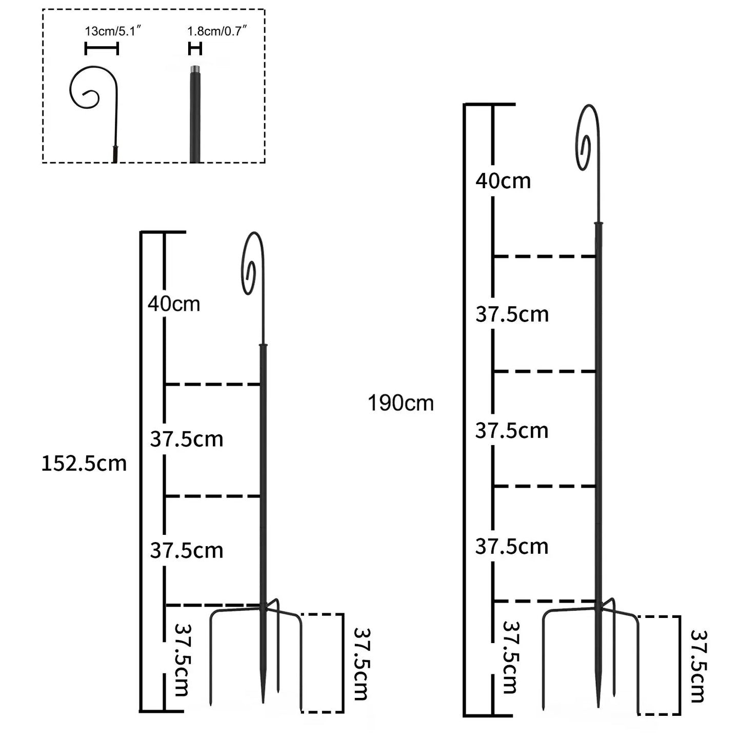 Hohe Hirtenstabhaken, Metall-Gartenhaken, 3-teiliger Rohrständer, abnehmbare Vogelfutterstange, Gartenhänger, 2 Stück