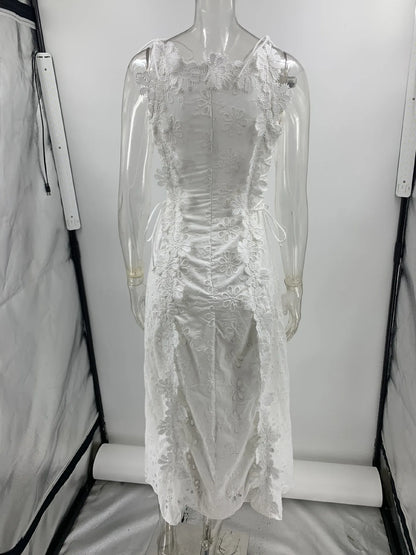 2025 Summer New Fashion Lace Embroidery Women Strap Resort Slimming Long Dress Simple Solid Color Female Banquet Dresses