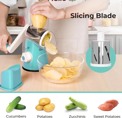Manual Rotary Cheese Grater Shredder Kitchen Mandoline Vegetable Slicer with 3 Replaceable Stainless Steel Drum Blades YY001