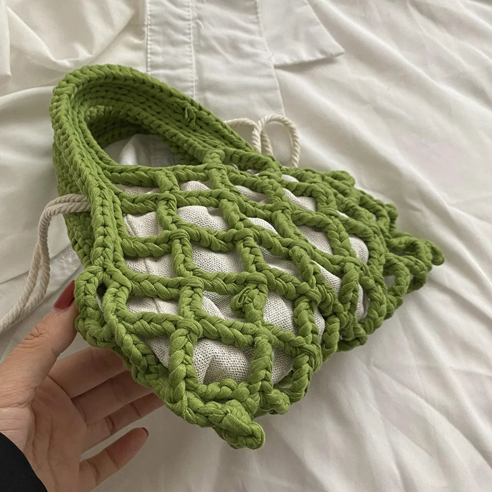 Summer Cotton Thread Woven Handbag Women Crochet Beach Bag Hollow Out Knitting Mini Top-Handle Bag Straw Mesh Boho Wristlet Bags