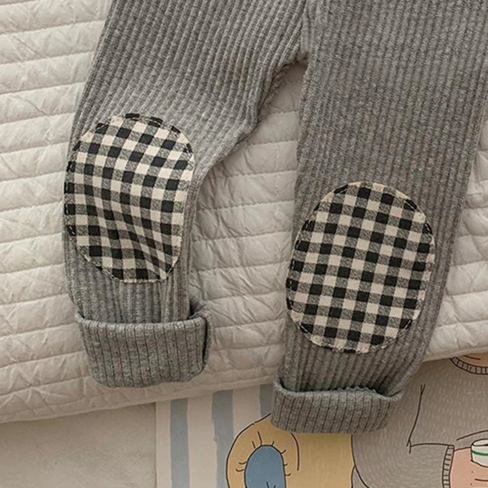 Kids Colorful Plaid Patched Feature Design Cute Warm Long Leggings Suitable Little Baby Trendy and Comfortable Clothing Matching