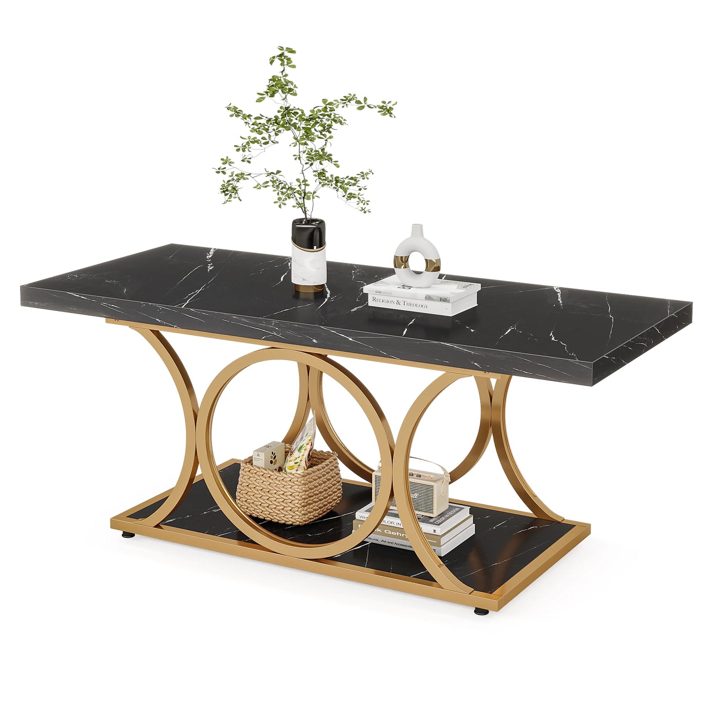 Tribesigns Rectangle Coffee Table, 47.24-inch Modern Coffee Tables for Living Room, 2-Tier Faux Marble Wood Coffee Table