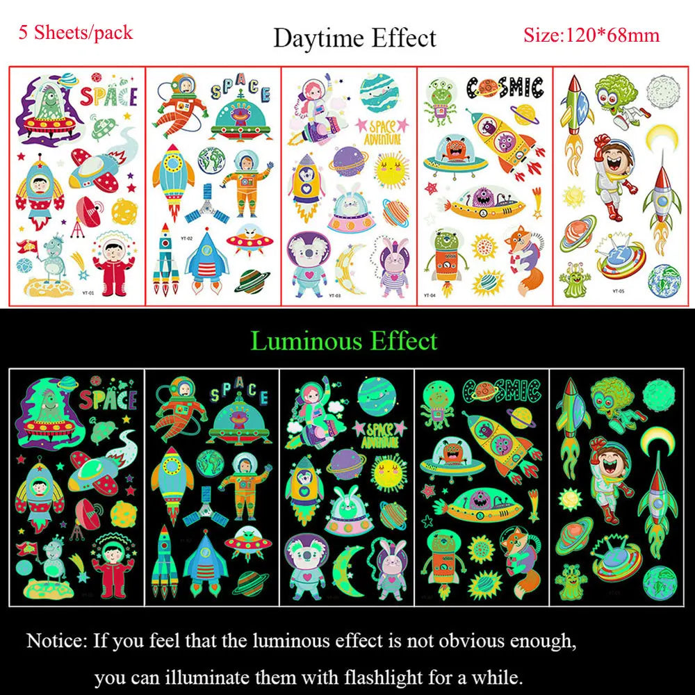 5 Sheets Luminous Tattoo Stickers Colorful Animal Mermaid Dinosaur Temporary Tattoos for Hand  Body Fake Tattoo Waterproof