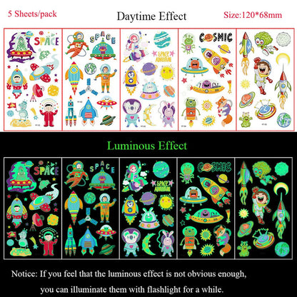 5 Sheets Luminous Tattoo Stickers Colorful Animal Mermaid Dinosaur Temporary Tattoos for Hand  Body Fake Tattoo Waterproof