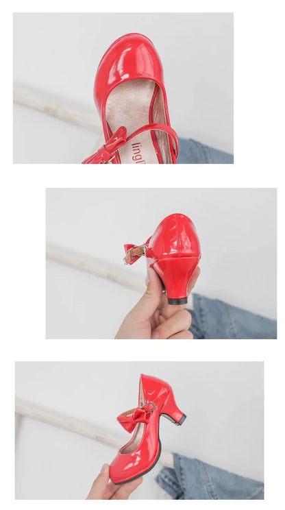 Girls High Heel Party Shoes - Glossy Bow Princess Dress Shoes for Kids