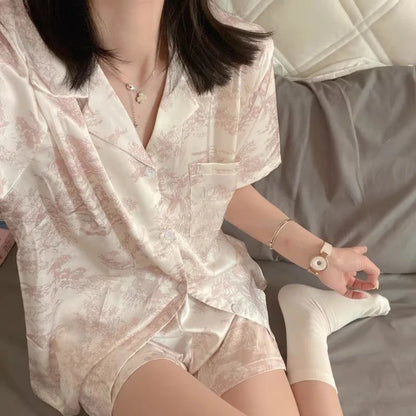 Cherry Print Pajamas Set for Women Summer Satin Two Piece Sleepwear Short Sleeve Shirt and Shorts Casual Fashion Homewear