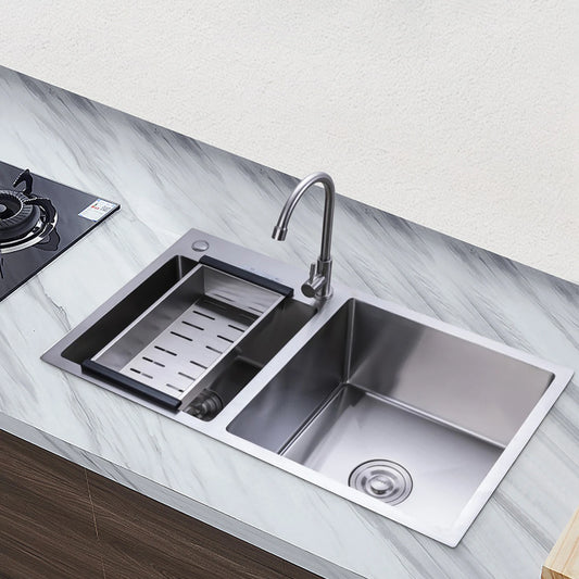 Kitchen Sink Stainless Steel Double Bowl Anti Corrosion Soundproof with Draining Basket and Sewer