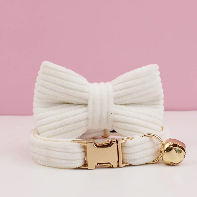 Personalized Corduroy Cat Collar with Engraved Name Plate, Bell & Bow Tie - Custom Breakaway Safety Collar