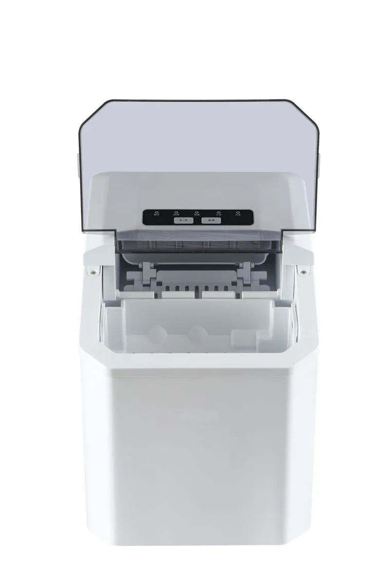 Haushaltsüblicher, einfacher Eiswürfelbereiter aus Edelstahl und Kunststoff mit Ein-Knopf-Bedienung, auch für den gewerblichen Einsatz geeignet.