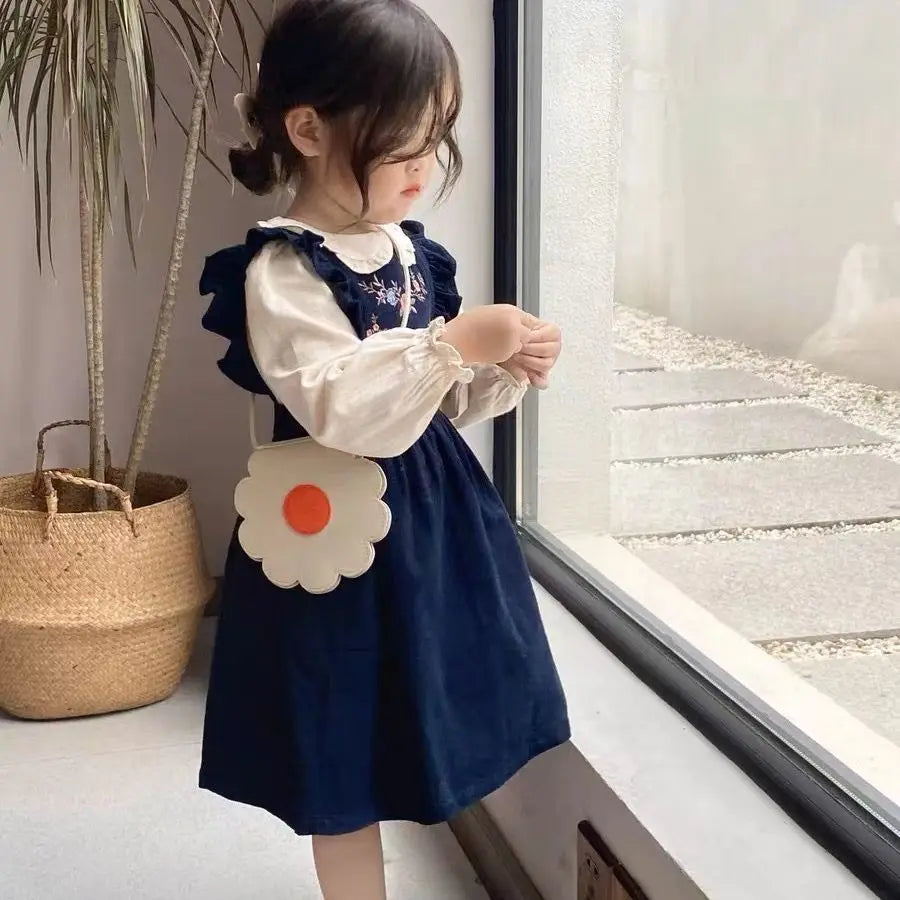 Girls Embroidered Corduroy Dress Set - Premium 2-Piece Doll Collar Shirt & Strap Skirt Outfit