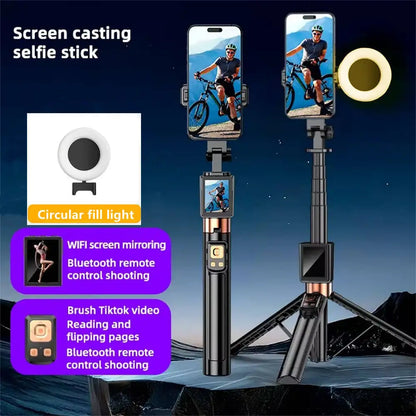 Wireless Selfie Stick Tripod Stand with Remote and Small Screen Casting Selfie Monitor for Smartphone Selfie Live Streaming