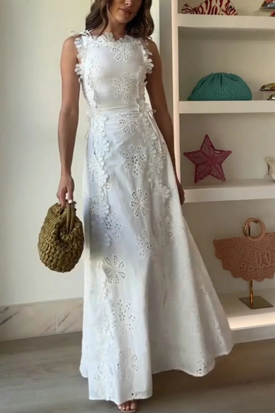 2025 Summer New Fashion Lace Embroidery Women Strap Resort Slimming Long Dress Simple Solid Color Female Banquet Dresses