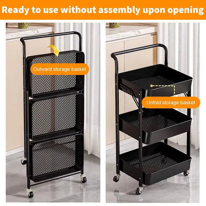 3 Tier Metal Folding Trolley Cart Storage Rack Rolling Shelf Beauty Office Wheel
