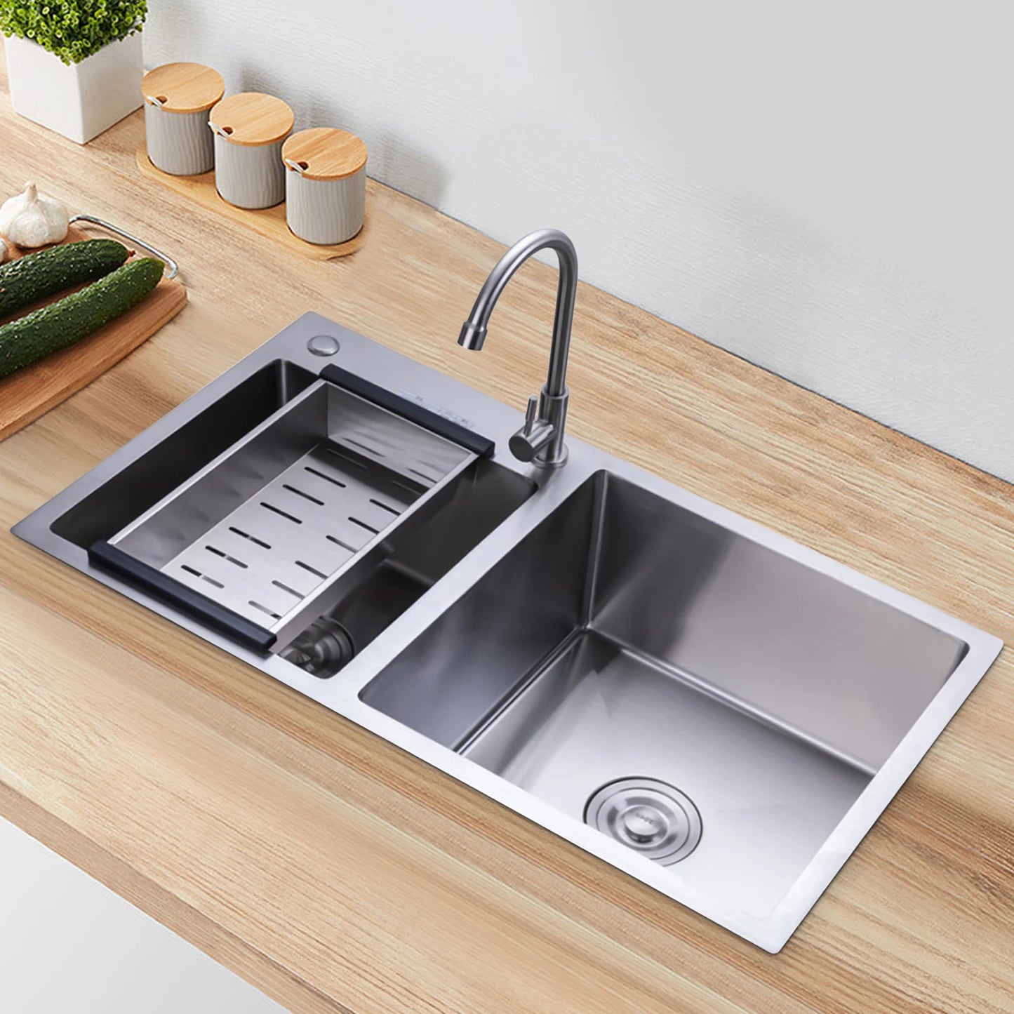 Kitchen Sink Stainless Steel Double Bowl Anti Corrosion Soundproof with Draining Basket and Sewer