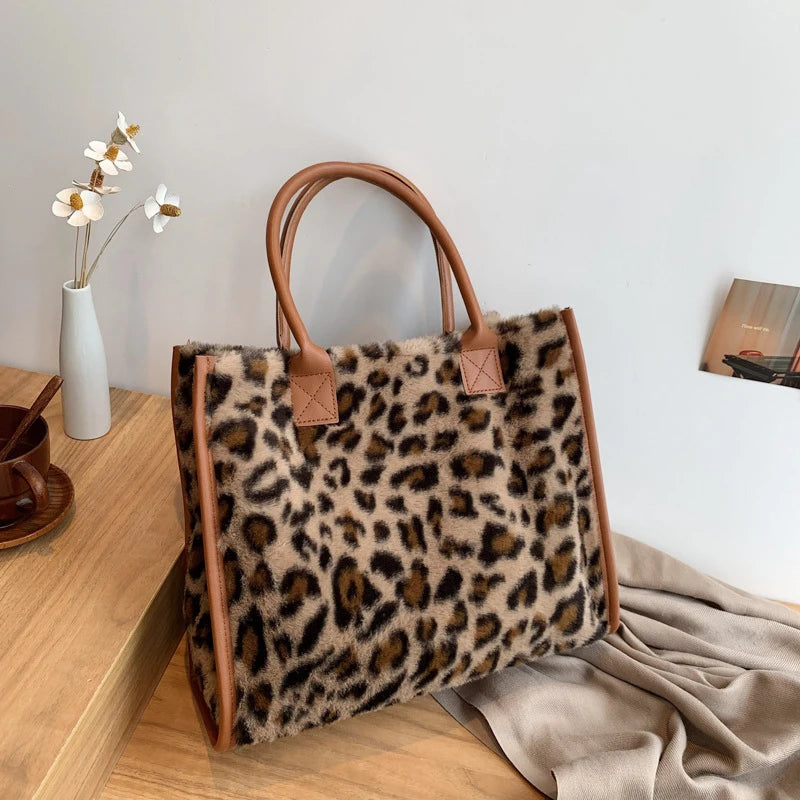 Winter Faux Fur ,Leopard Print Designer Shopper Totes, Fashion Soft Plush Women Shoulder Bags, Large Capacity Handbags and Purse