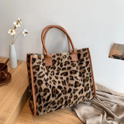 Winter Faux Fur ,Leopard Print Designer Shopper Totes, Fashion Soft Plush Women Shoulder Bags, Large Capacity Handbags and Purse