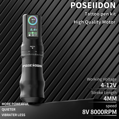 Tattoo Kit POSEIDON Tattoo Pen Kit For Permanent Makeup Tattoo Machine Kit Black Wireless Tattoo Power Supply Tattoo Gun Kit