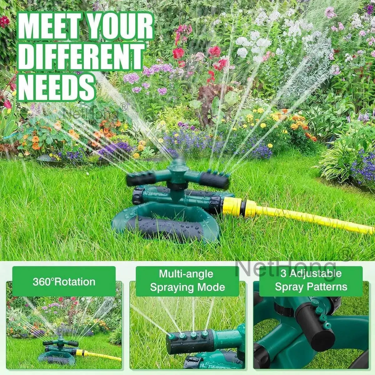 3-Arms 360° Rotating Garden/Lawn Sprinkler System Automatic Watering Irrigation~