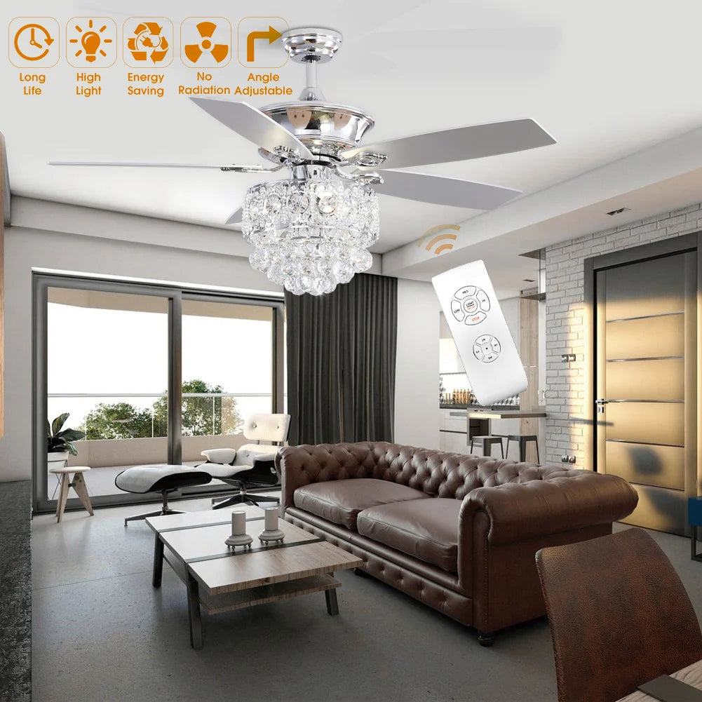 KOMORE  Modern 52 Inch Crystal 3-Light Ceiling Fan with Remote, 5 Blades for Office, Living Room, Bedroom