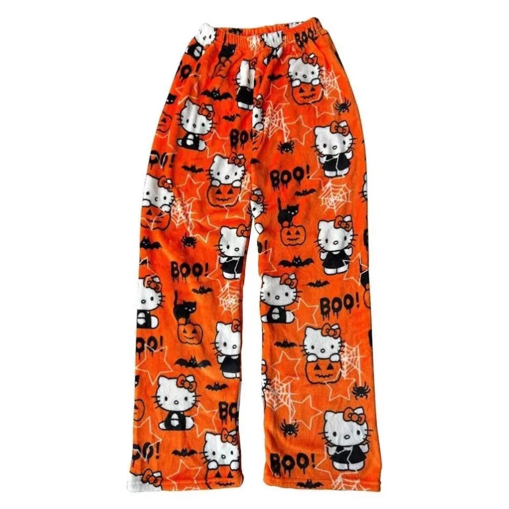 Halloween Cartoon Hello Kitty Flannel Pajamas Women's Autumn and Winter Plus Velvet Warm Casual Home Graffiti Pants