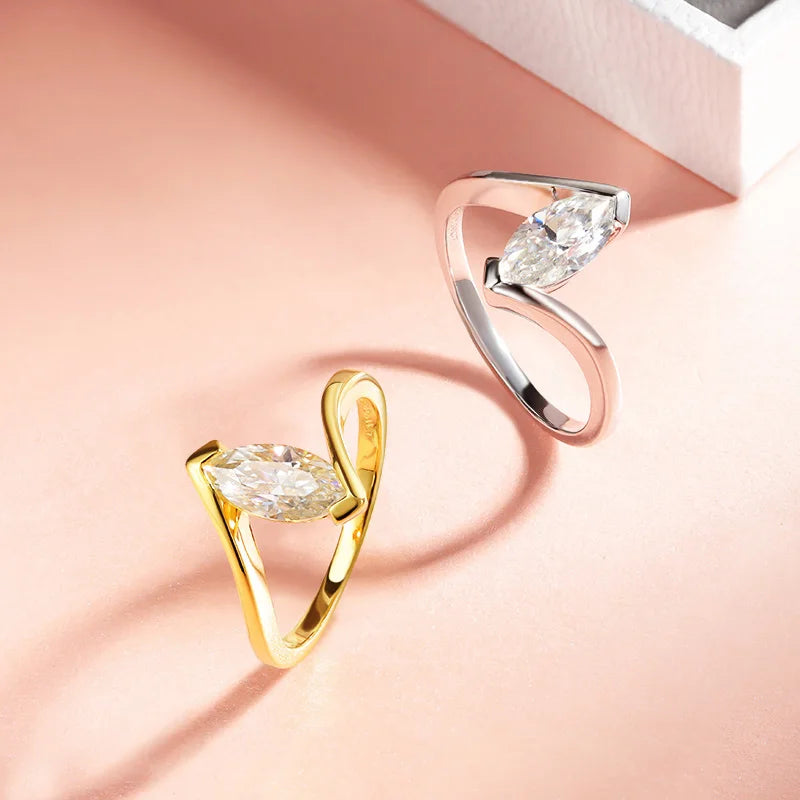 Smyoue 18K Plated 1CT Marquise Cut Moissanite Solitaire Ring for Women 100% 925 Sterling Silver Lab Diamond Weddind Band Bride