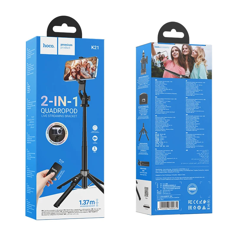 HOCO K21 Aluminum Alloy Live Broadcast Holder Wireless Selfie Stick with Bluetooth Remote Extendable Tripod Support PTZ Function