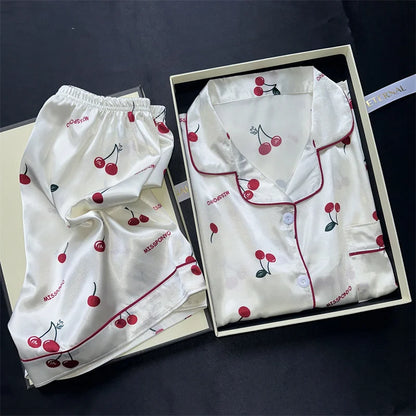 Cherry Print Pajamas Set for Women Summer Satin Two Piece Sleepwear Short Sleeve Shirt and Shorts Casual Fashion Homewear